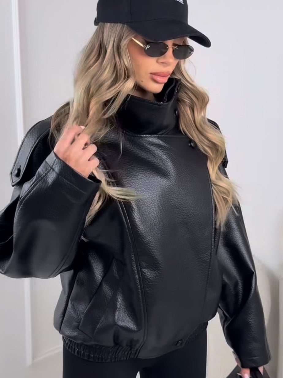 Black Faux Leather High-Neck Jacket