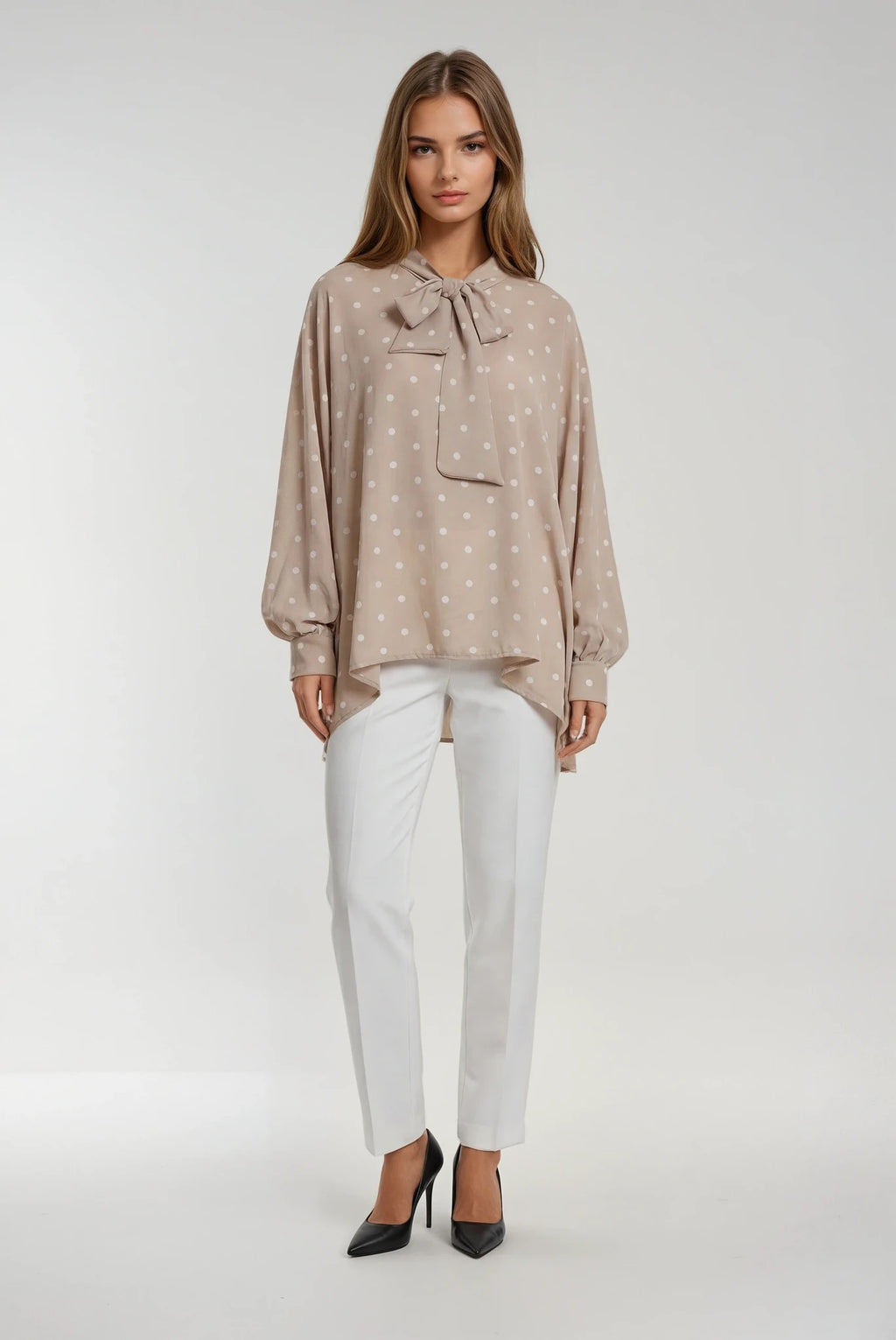 Polka Dots Long Sleeve Beige Shirt