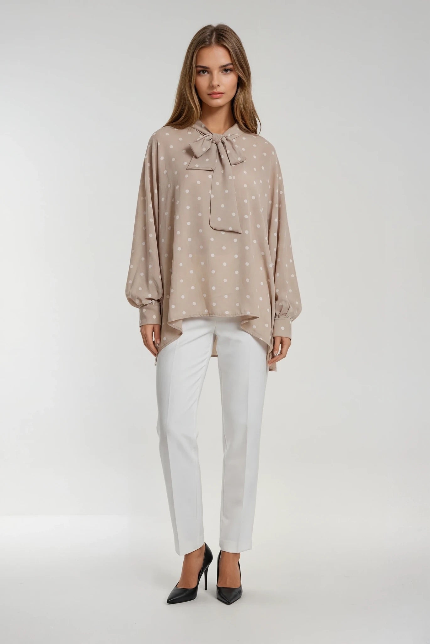 Polka Dots Long Sleeve Beige Shirt
