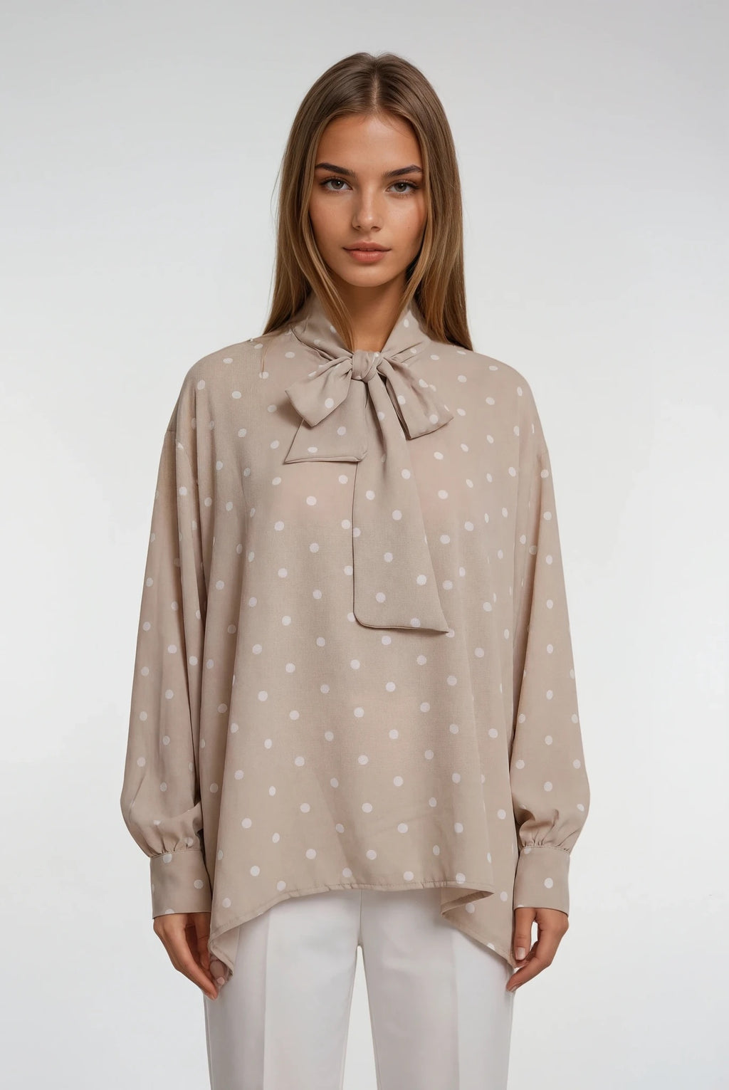 Polka Dots Long Sleeve Beige Shirt