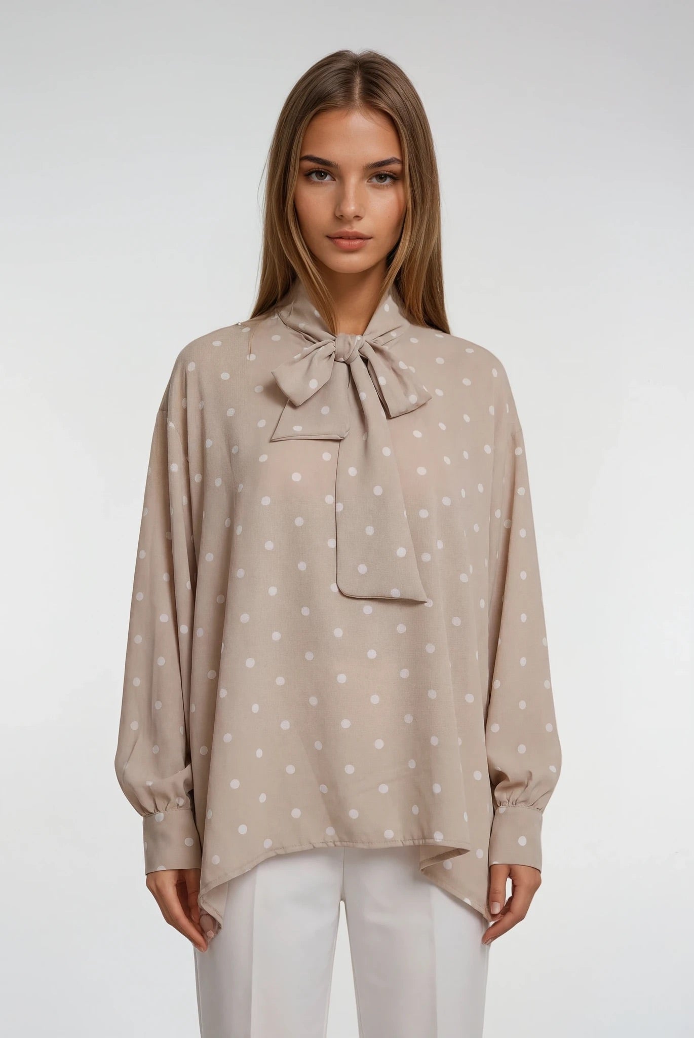 Polka Dots Long Sleeve Beige Shirt