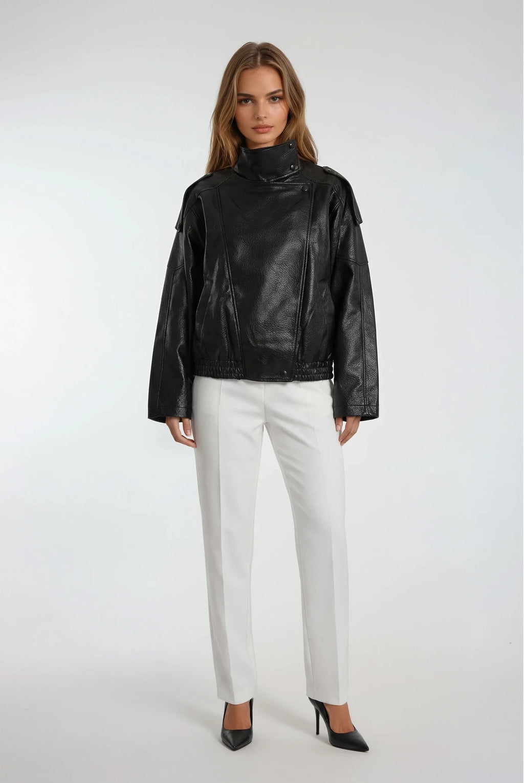 Black Faux Leather High-Neck Jacket