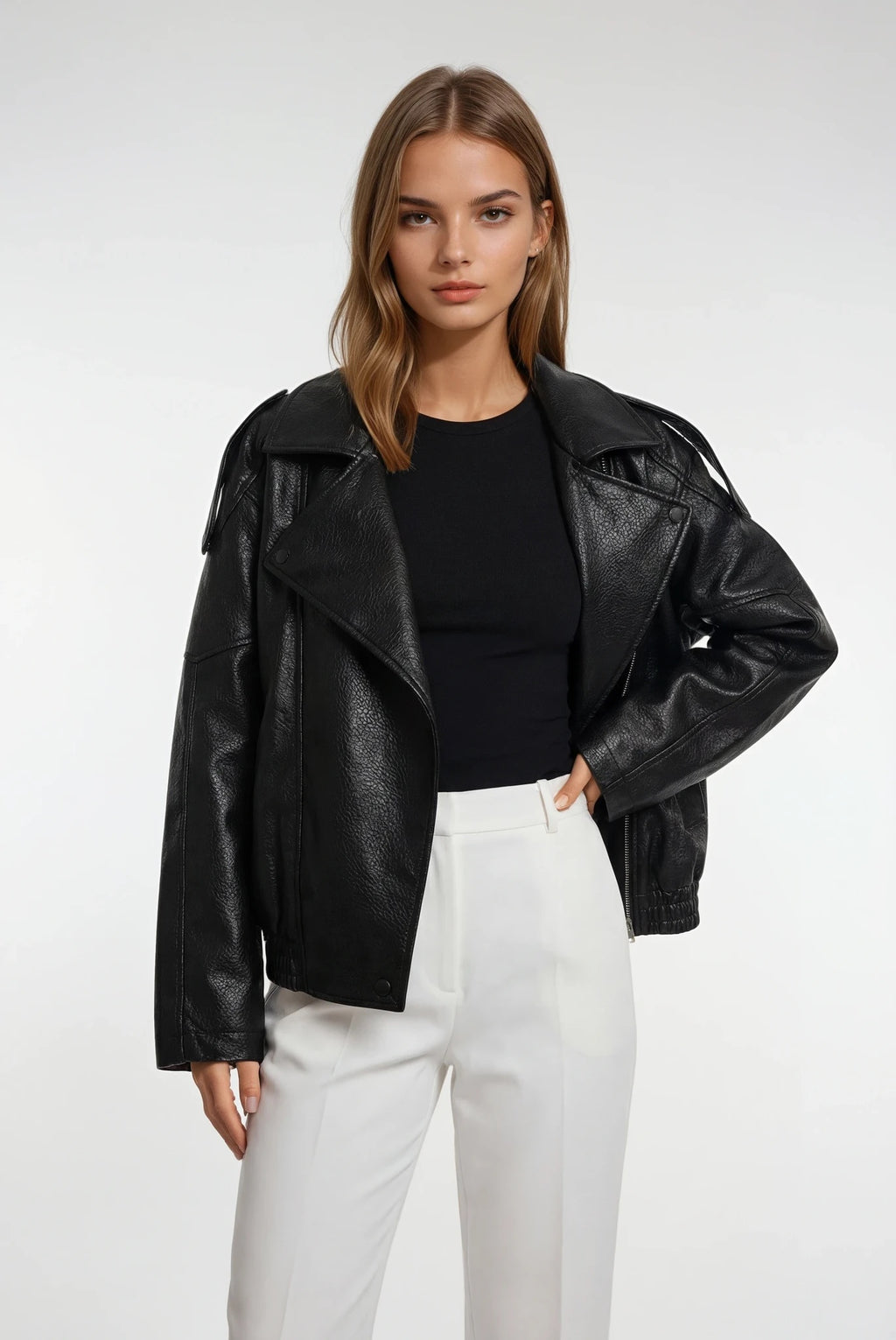 Black Faux Leather High-Neck Jacket