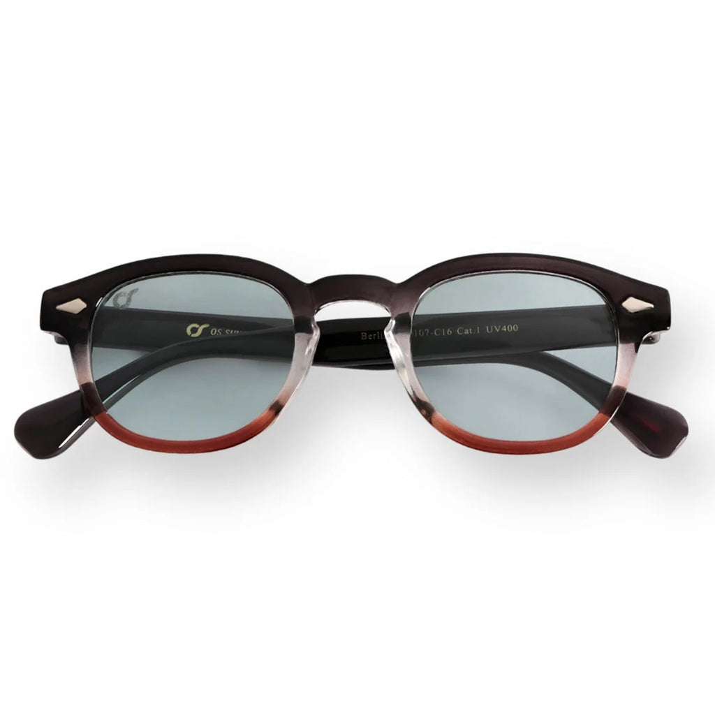 OS Sunglasses Berlino Wood Azzurro με καφέ κεχριμπαρένιο σκελετό και γαλάζιους φακούς, μπροστινή όψη