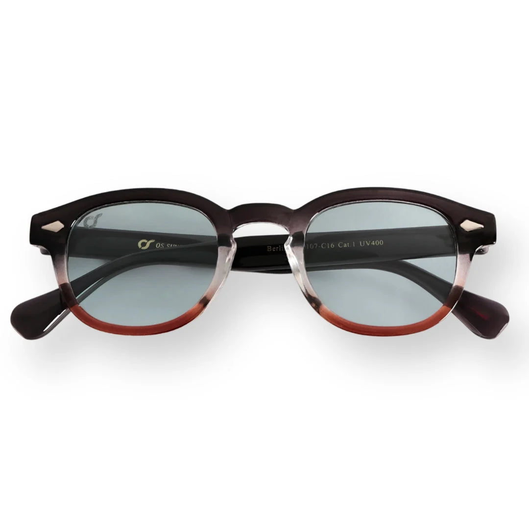 OS Sunglasses Berlino Wood Azzurro με καφέ κεχριμπαρένιο σκελετό και γαλάζιους φακούς, μπροστινή όψη