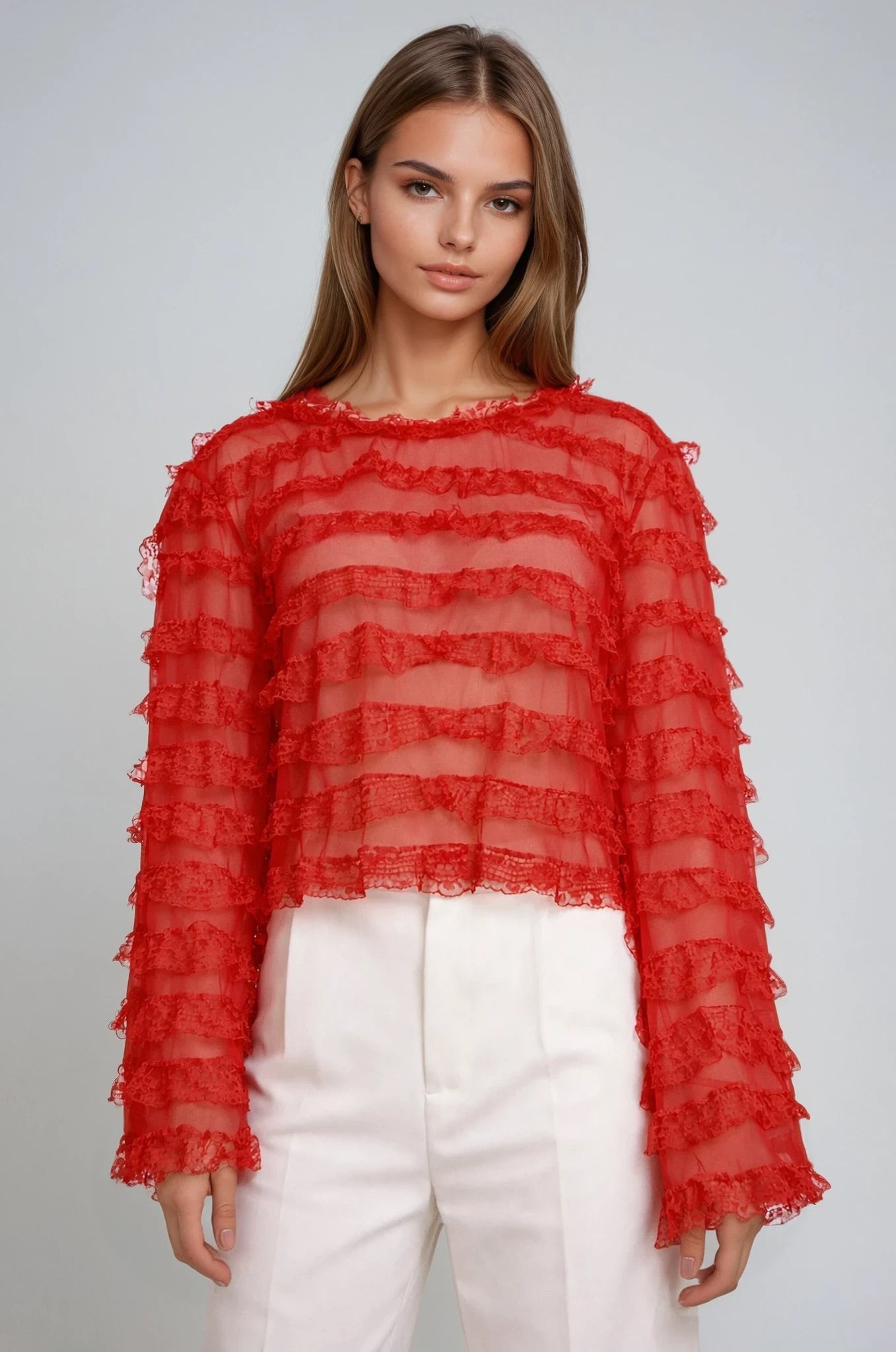 Red Sheer Lace Ruffle Cropped Top